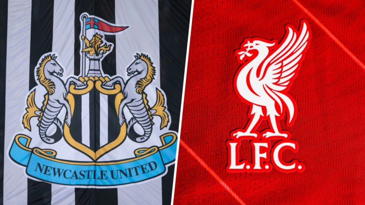 A general view of the Newcastle United badge on a flag inside St James' Park. detailed view of the Liverpool FC badge during the UEFA Champions Lea...