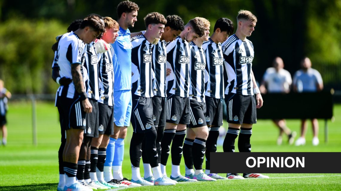 Players of Newcastle United observe a minute silence in memory of Diogo Jota and Andre Silva prior to the Premier League 2 match between Newcastle ...