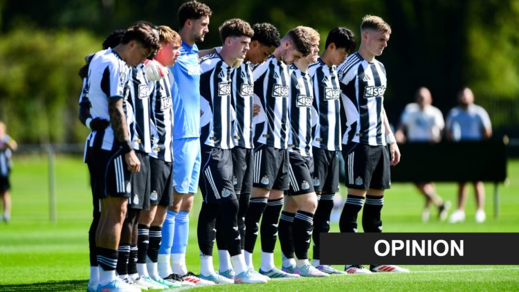 Players of Newcastle United observe a minute silence in memory of Diogo Jota and Andre Silva prior to the Premier League 2 match between Newcastle ...