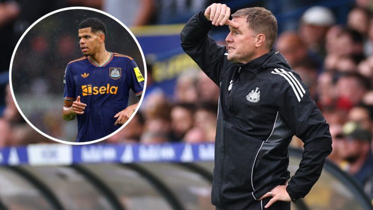 Inset, William Osula playing for Newcastle United against Leeds. Eddie Howe looks on from the touchline.