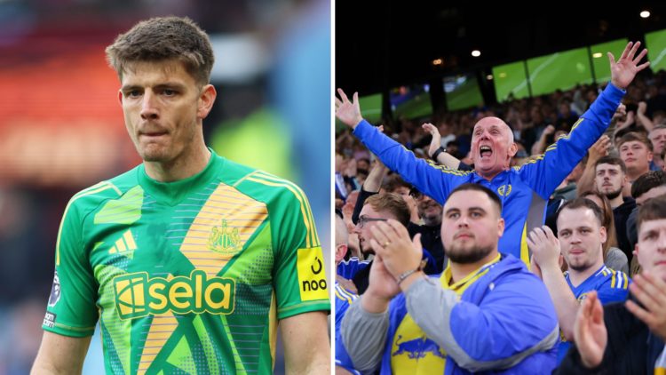 Nick Pope playing for Newcastle United. Leeds United fans celebrating.