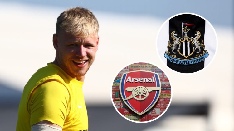 Aaron Ramsdale during a Southampton Pre-Season Training Session. Inset: the Newcastle United and Arsenal badges.