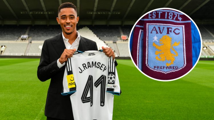 Newcastle United Unveil New Signing Jacob Ramsey, with his Newcastle United shirt. Inset: the Aston Villa badge on a scarf