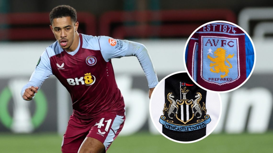 Jacob Ramsey during a Europa Conference League game between HSK Zrinjski and Aston Villa. Inset: the Newcastle United and Aston Villa badges