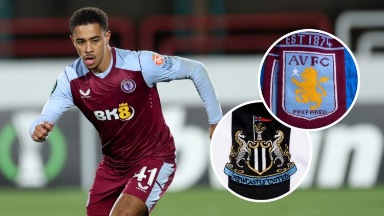 Jacob Ramsey during a Europa Conference League game between HSK Zrinjski and Aston Villa. Inset: the Newcastle United and Aston Villa badges