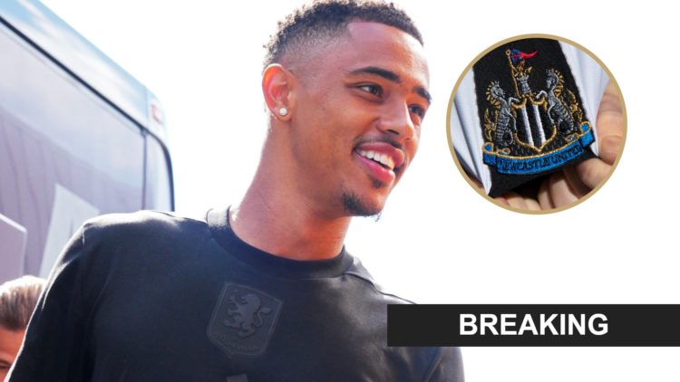 Jacob Ramsey smiles after getting off a team bus. Inset: Newcastle United crest and breaking banner.