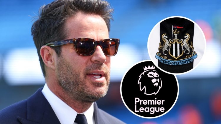 Jamie Redknapp at the Etihad Stadium before a game between Manchester City and West Ham United. Inset: the Newcastle United badge and the Premier L...