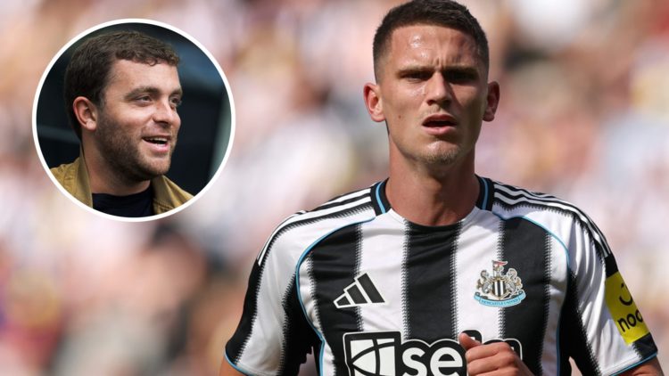 Inset, Fabrizio Romano. Sven Botman playing for Newcastle United.