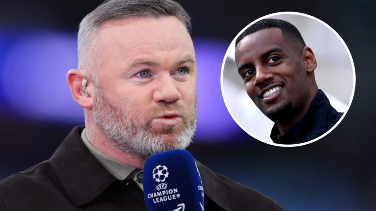 Wayne Rooney doing punditry for a game between Aston Villa and Paris Saint-Germain. Inset: Newcastle United player Alexander Isak