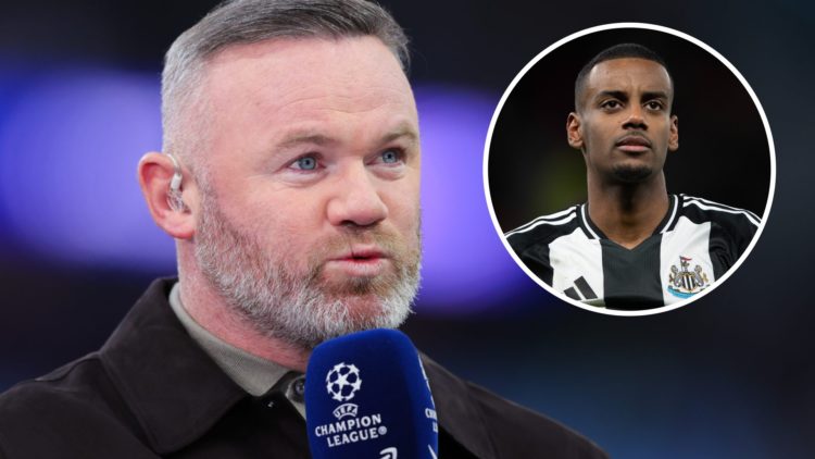 Wayne Rooney doing punditry for a game between Aston Villa and Paris Saint-Germain. Inset: Newcastle United player Alexander Isak