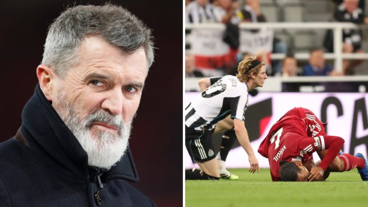 Roy keane doing punditry, Anthony Gordon looks on after his red card challenge on Virgil van Dijk.