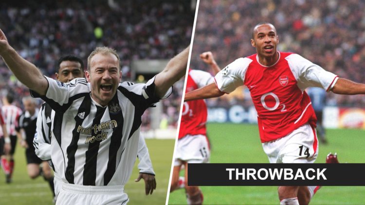 Alan Shearer celebrates after scoring his final goal for Newcastle United against Sunderland. Thierry Henry celebrates after scoring a goal against...