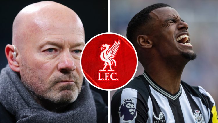 Alan Shearer working as a pundit. Alexander Isak looks dejected playing for Newcastle United. Inset, Liverpool FC club badge.