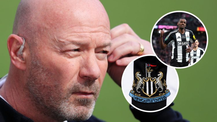 Alan Shearer doing punditry for a Premier League game between Newcastle United and Manchester United. Inset: the Newcastle United badge and Alexand...