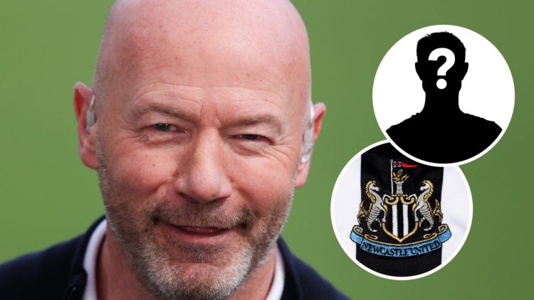 Alan Shearer smiles while doing punditry for Newcastle United vs Manchester United. Inset: the Newcastle United badge and a mystery player