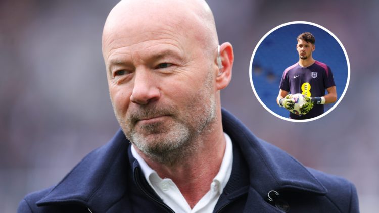Alan Shearer doing punditry for Newcastle United vs Manchester United. Inset: James Trafford warming up for England