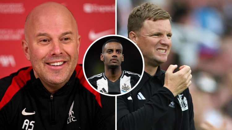 Arne Slot speaks during a Liverpool press conference. Newcastle United manager Eddie Howe grimaces. Inset, Alexander Isak looks on while playing fo...