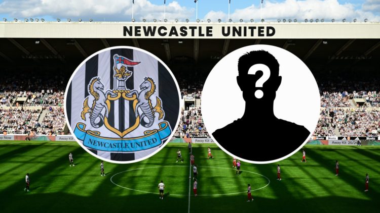 General view of St James' Park in pre-season, Newcastle United badge, mystery player