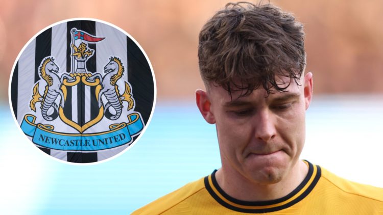 Inset, Newcastle United badge. Jorgen Strand Larsen looks dejected playing for Wolves.