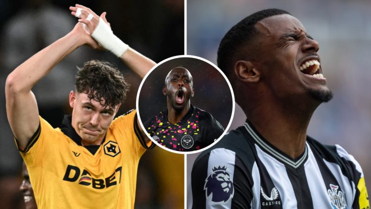 Jorgen Strand Larsen claps. Alexander Isak looks frustrated playing for Newcastle United. Inset, Yoane Wissa celebrates.
