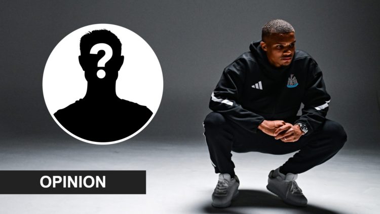 Malick Thiaw during his Newcastle United unveiling. Inset: a mystery player and an opinion banner.