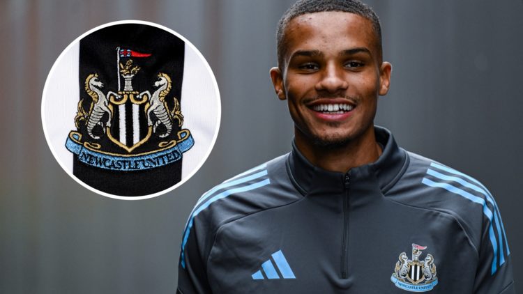 Malick Thiaw arrives at Newcastle United training. Inset: the Newcastle United badge