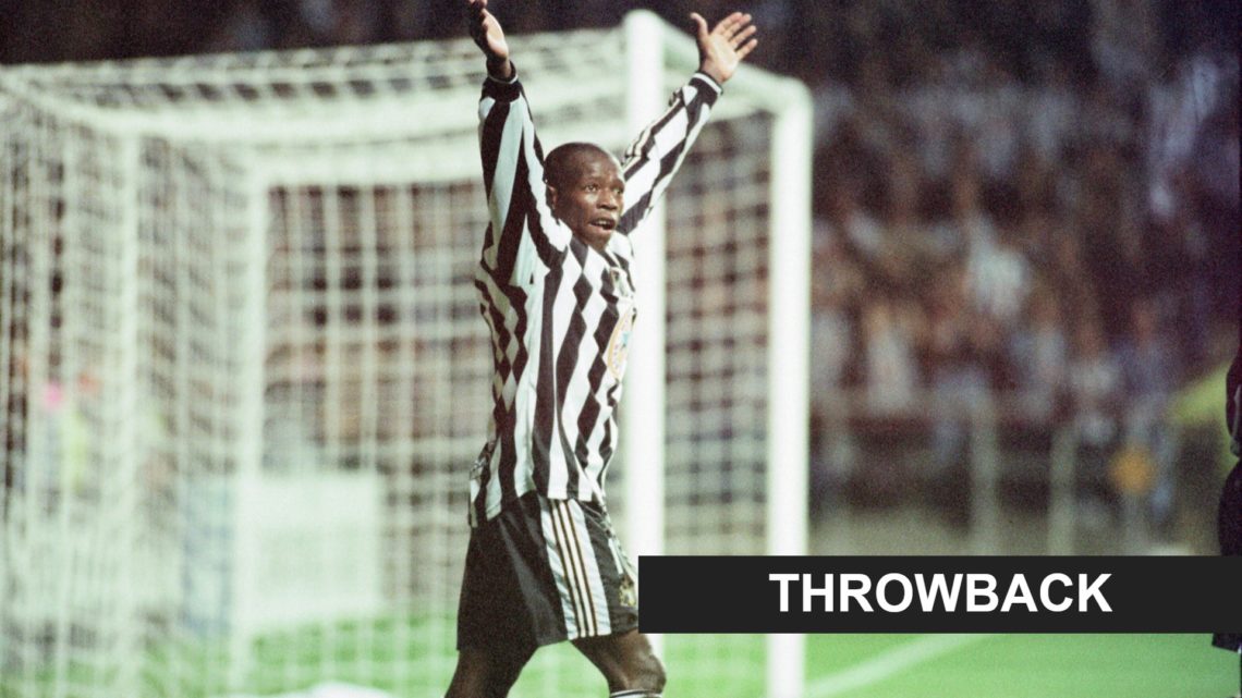 Tino Asprilla celebrates after scoring his first goal in a Champions League game between Newcastle United and Barcelona. Inset: a throwback banner