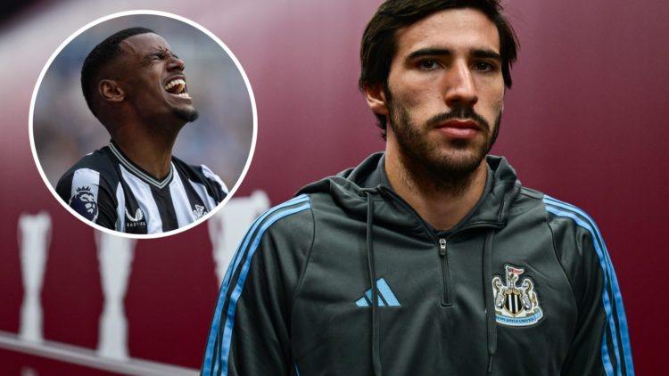 Sandro Tonali arrives at Villa Park before Newcastle United play Aston Villa in the Premier League. Inset, Alexander Isak looks dejected.