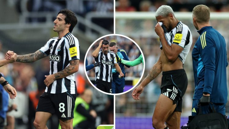 Split image: Sandro Tonali clasps hands with Eddie Howe after leaving the pitch (L). Joelinton puts his shirt over his face when going off injured ...