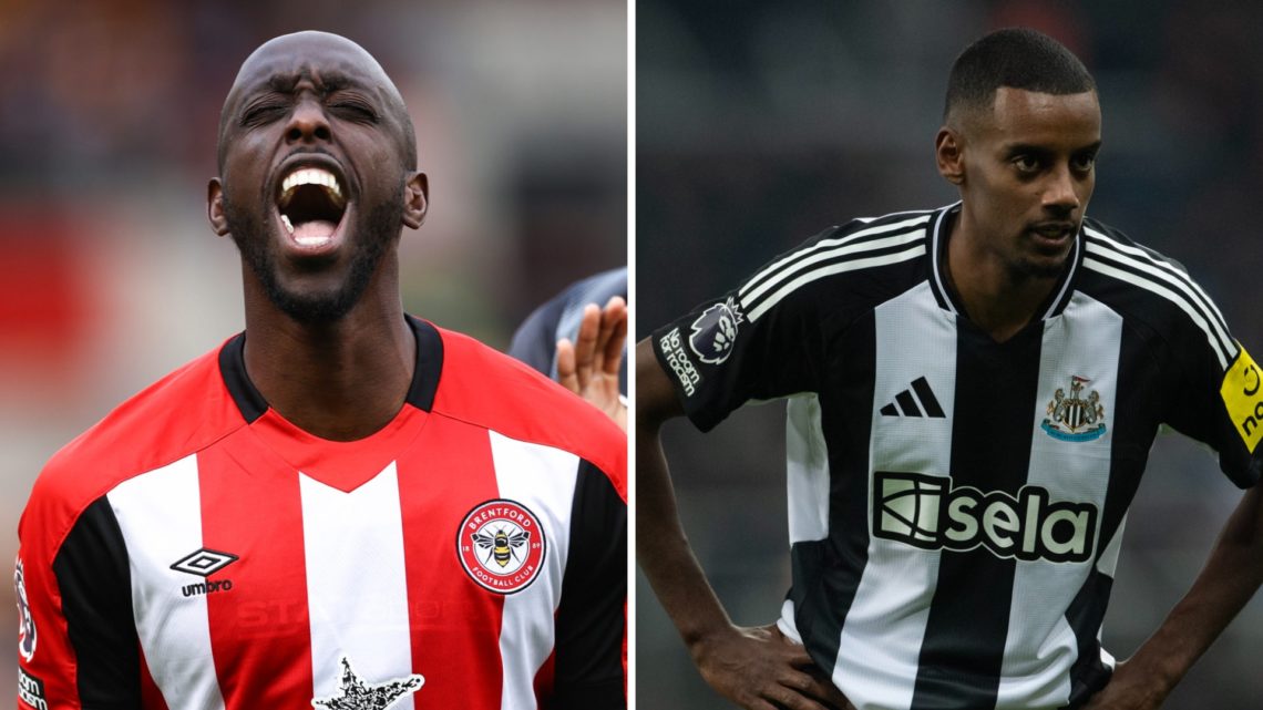 Yoane Wissa celebrates for Brentford. Alexander Isak in action for Newcastle United.