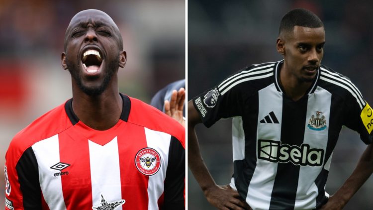 Yoane Wissa celebrates for Brentford. Alexander Isak in action for Newcastle United.