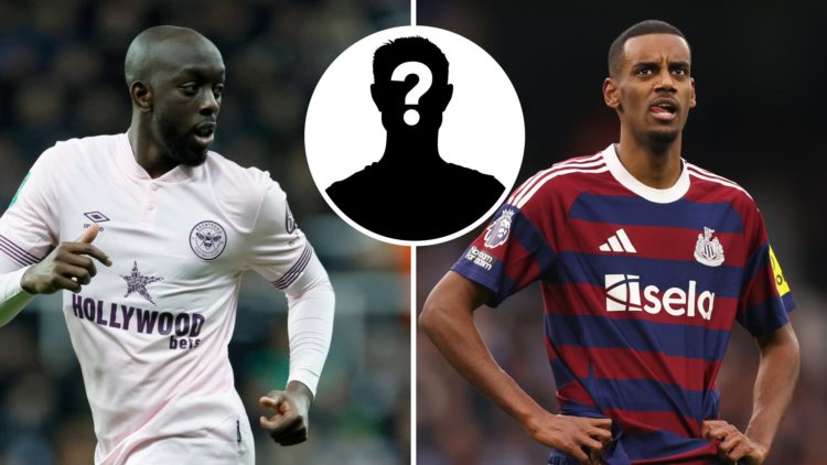 Split image: Yoane Wissa in action for Brentford (L). Alexander Isak holds his hands on his hips (R). Inset: Mystery figure.