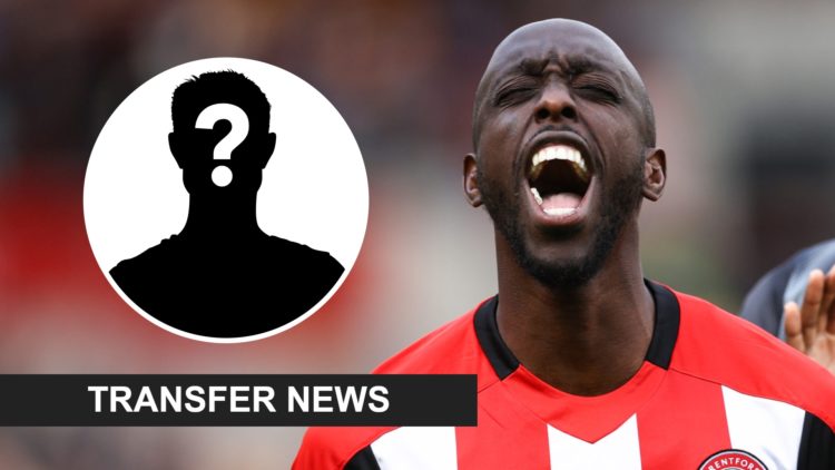 Yoane Wissa celebrates after Brentford's Premier League win over Brighton. Inset: a mystery player and a transfer news banner