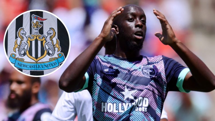 Inset, Newcastle United badge. Yoane Wissa looks frustrated for Brentford.