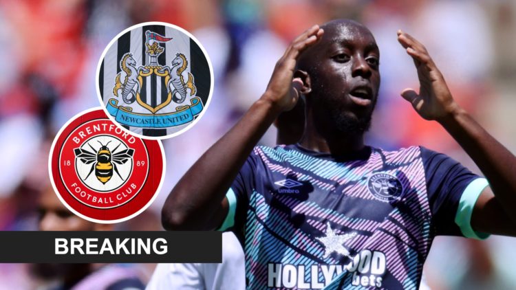 Yoane Wissa reacts after a missed chance for Brentford. Inset: the Newcastle United badge on a flag, the Brentford badge and a breaking news banner.