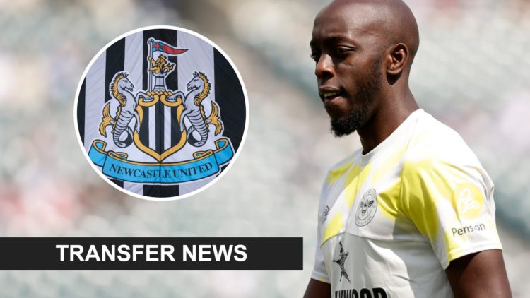 Yoane Wissa during a friendly between Brentford and Fulham. Inset: the Newcastle United badge and a transfer news banner