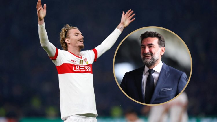 Nick Woltemade lifts his arms in the air while smiling. Inset: Newcastle Unitec chairman Yasir Al-Rumayyan smiles.