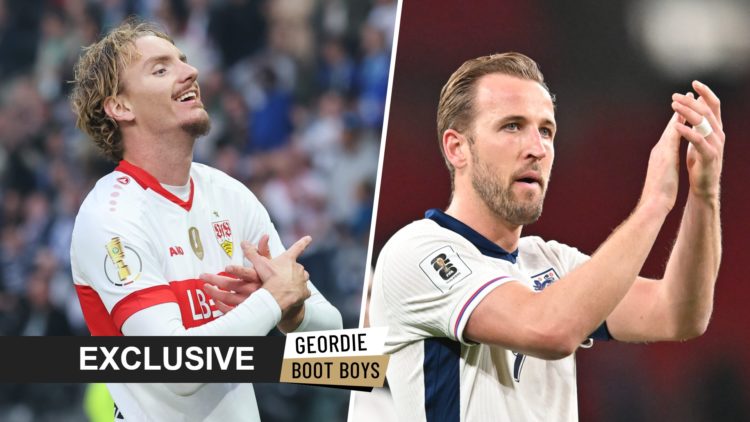 Nick Woltemade celebrating after a goal in the DFB Pokal final for VfB Stuttgart. Harry Kane applauds the fans after an international game between ...
