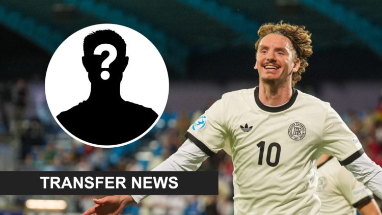 Nick Woltemade celebrates scoring for Germany Under-21s against Slovenia Under-21s. Inset: a mystery player and a transfer news banner.