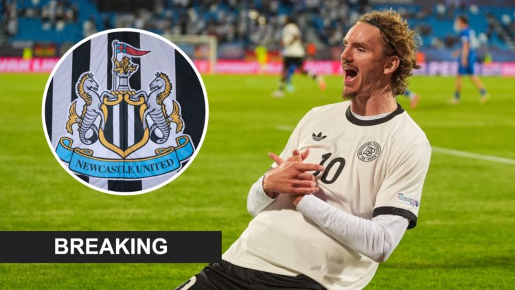 Nick Woltemade skids in celebration after scoring for Germany U21s. Inset: Newcastle United club badge.