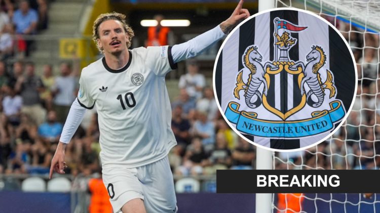 Nick Woltemade celebrates after scoring in a U21 Euros game between Germany and France. Inset: the Newcastle United badge and a breaking news banner.