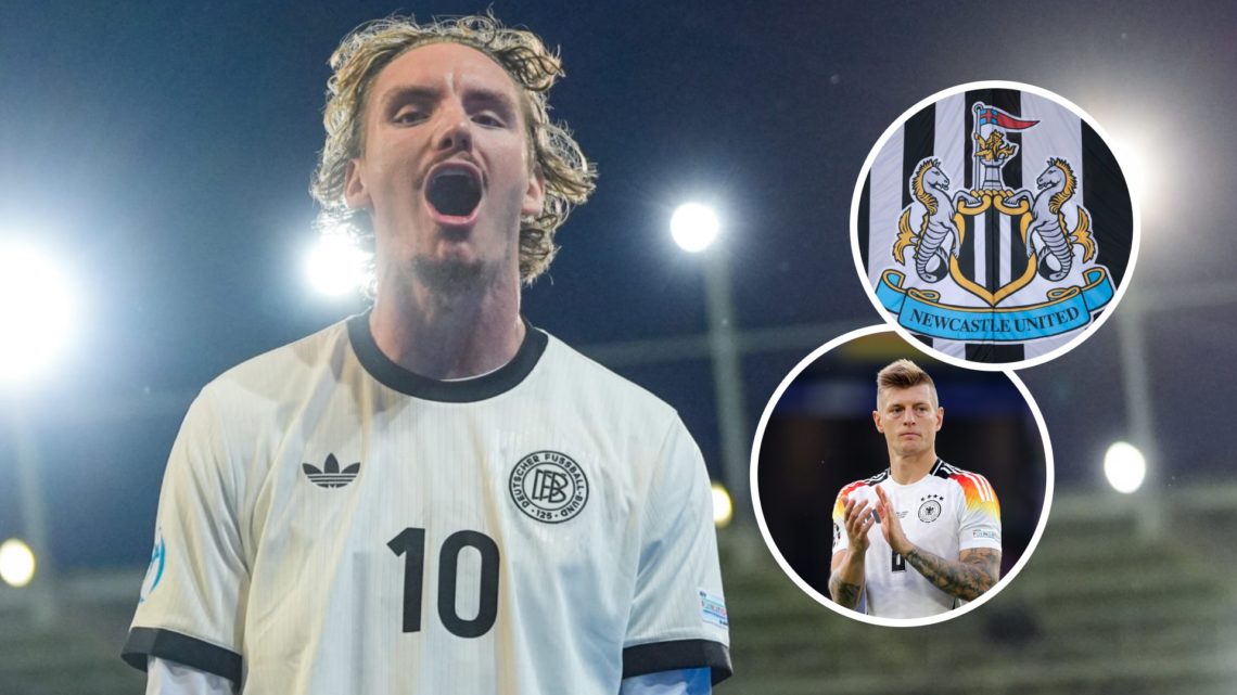 Nick Woltemade celebrates a goal for Germany U21s. Inset: the Newcastle United badge on a flag and Germany legend Toni Kroos