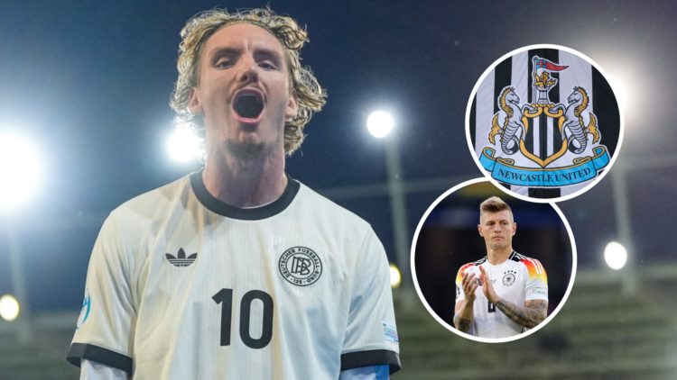 Nick Woltemade celebrates a goal for Germany U21s. Inset: the Newcastle United badge on a flag and Germany legend Toni Kroos