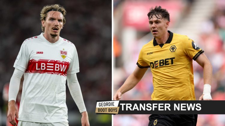 Split image: Nick Woltemade in action for Stuttgart (L). Jorgen Strand Larsen running for Wolves. Transfer news banner and Geordie Boot Boys logo.