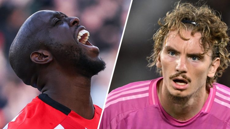 Split image: Yoane Wissa screams in anguish (L). Nick Woltemade in action for Germany U21s (R).