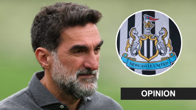 Newcastle United chairman Yasir Al-Rumayyan attends a LIV Golf event. Inset: the Newcastle United badge and an opinion banner
