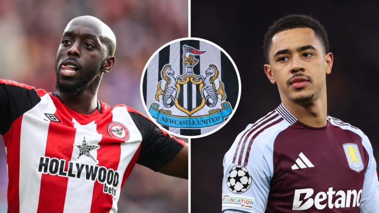 Yoane Wissa celebrates scoring for Brentford, Jacob Ramsey playing for Aston Villa, Newcastle United badge
