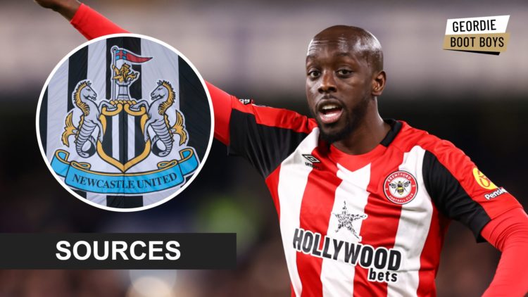Yoane Wissa playing for Brentford in the Premier League, Newcastle United badge
