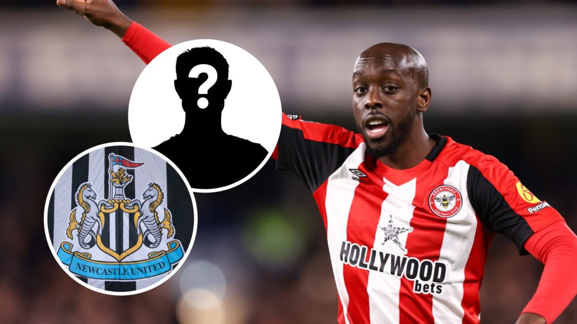 Yoane Wissa playing for Brentford, Newcastle United badge, mystery player