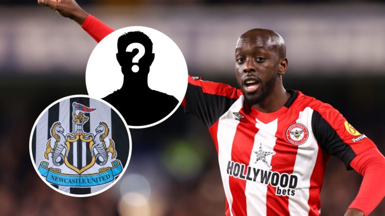 Yoane Wissa playing for Brentford, Newcastle United badge, mystery player